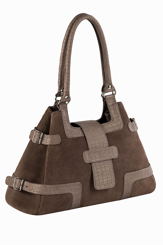 Chocolate brown women's dress belt, matching pumps and bags. Made to measure. Worn view - Florence KOOIJMAN